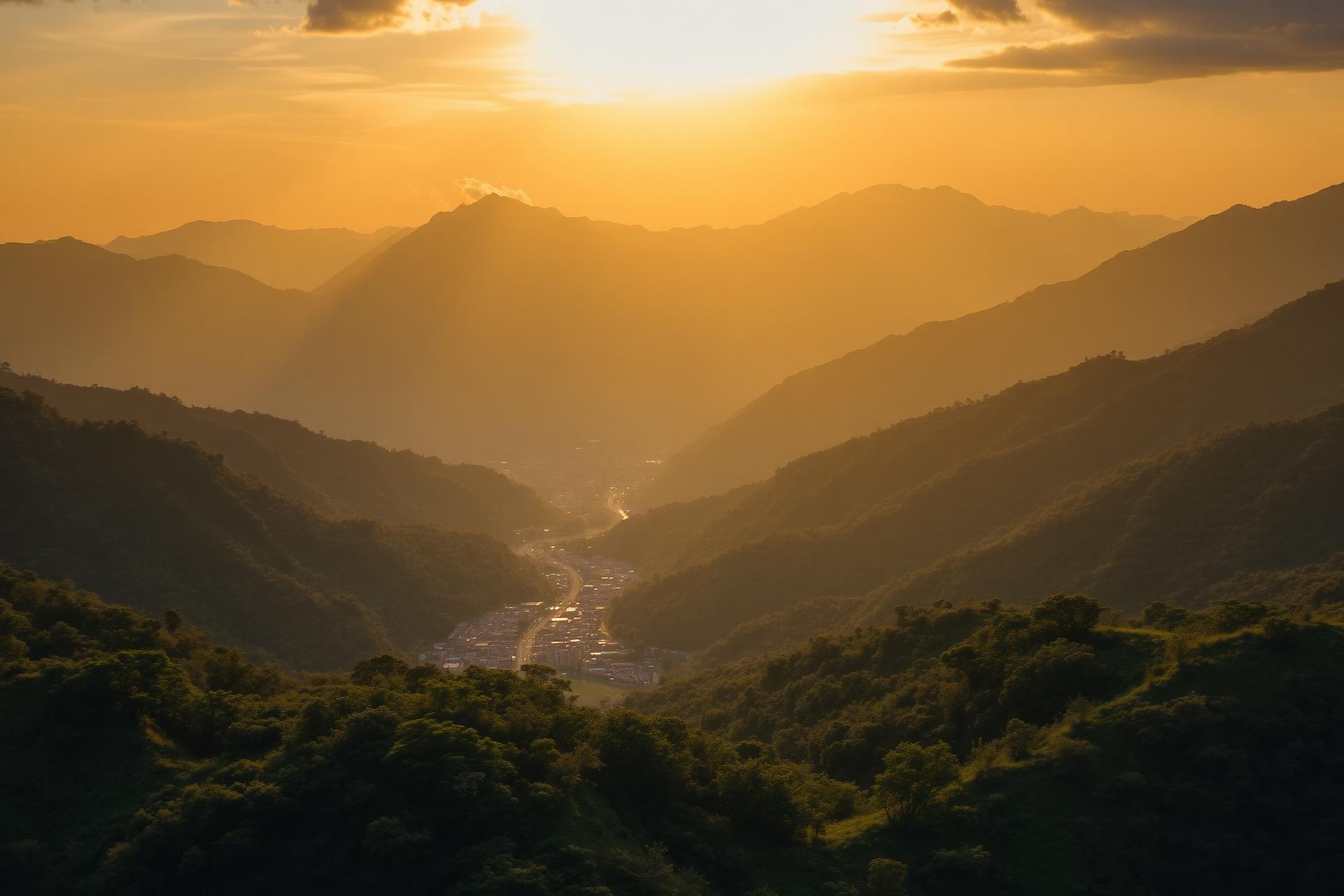 Dehradun valley at golden hour with mountains and forest
